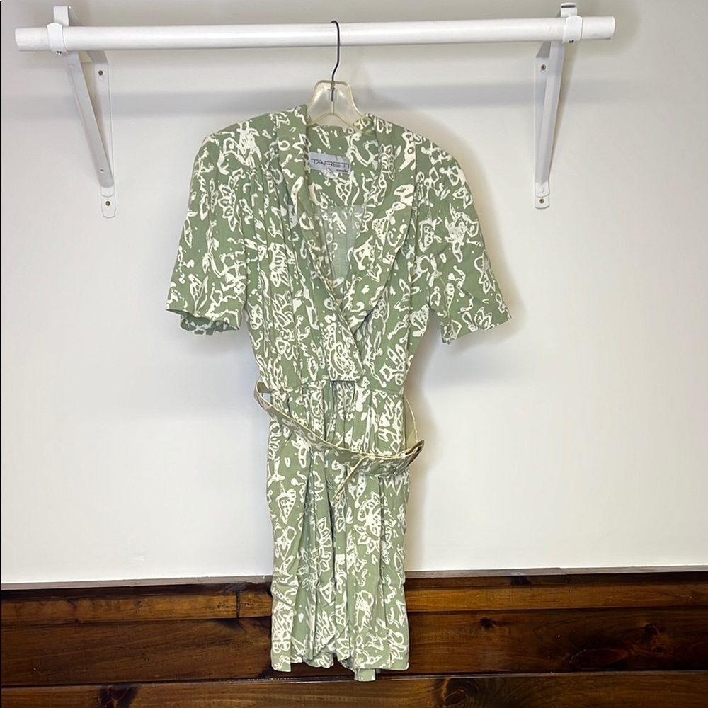 Vintage White & Green Patterned Romper w/ Matching Belt- 6